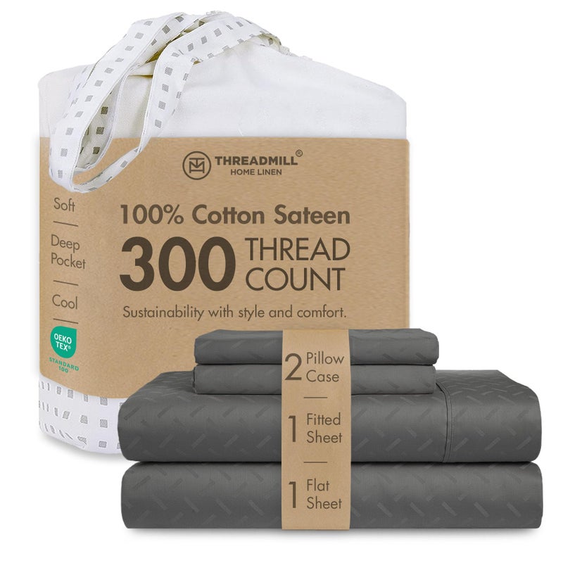 Threadmill Cotton Queen Sheet Set | 100% Cotton Sheets for Queen Size Bed | Damask Jacquard Queen Bed Sheets Set with 16â€ Deep Pocket | Soft Sateen Weave 4-Piece Cooling Bedding Set | Dark Grey - Image 1
